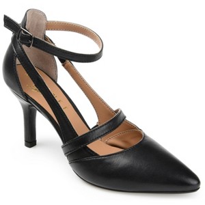 Journee Signature Womens Genuine Leather Vallerie Buckle Mid Heel Almond Toe Pumps - 1 of 4