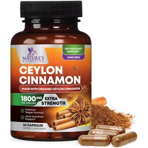 Organic Ceylon Cinnamon Supplement 1800mg - Certified Organic Ceylon Cinnamon Powder Pills - Energy & Heart Support for Women & Men - 60 Capsules - 1 of 4