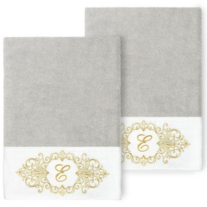 Linum Home Textiles 100% Turkish Cotton MONICA Gold Thread 2PC Embellished Bath Towel Set - 1 of 3