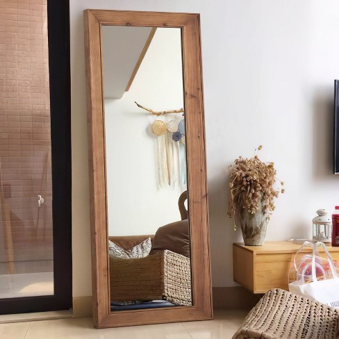 Natural Full Body Mirror with Stand Wooden Framed Floor Length Mirror Stand  Up Full Length Mirror with Stand Mirror