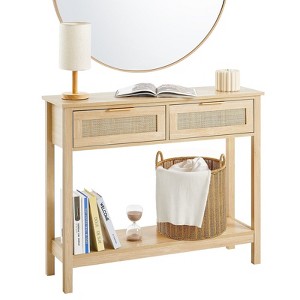 Yukimo Natural Rattan Console Table - 2 Storage Drawers + Rattan Sliding Door, Rustic Accent Table with Open Shelf for Entryway/Living Room/Bedroom - 1 of 4