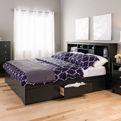 King Black Wood Bookcase Headboard with Storage