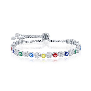 Bella Silver Sterling Silver Alternating CZ & Multi-Color Enamel Evil Eye Adjstable Bolo Bracelet - Multi - 9.5 Inch - 1 of 2