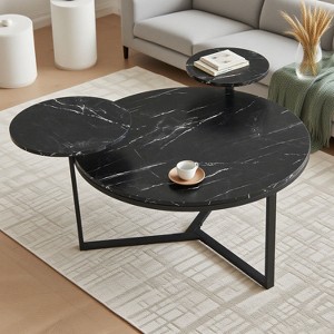KTMBDW Modern coffee table with two display shelves, Black Faux marble surfaces, Tripod-inspired base, Rounded tabletop edges for Living room - 1 of 4