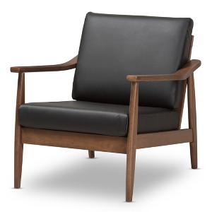 Venza Mid Century Modern Walnut Wood Faux Leather Lounge Chair Black - Baxton Studio: Indoor Armchair, Rubberwood Frame - 1 of 4