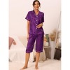 cheibear Women's Soft Satin Button Down with Capri Pants Lounge Pajama Set - 2 of 4