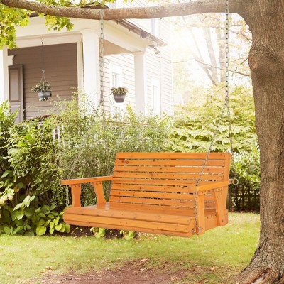 Orange Fir Wood 2-Person Porch Swing Chair with Adjustable Chains