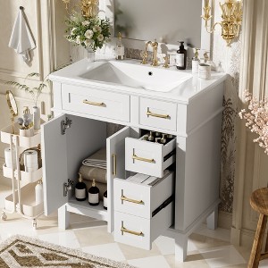 30" Bathroom Vanity with Ceramic Sink, Modern Storage Cabinet with Soft-Close Doors, Deep Drawer & Standard Drawer - Leovsnove - 1 of 4