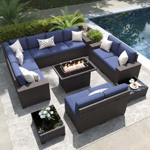 LayinSun 13 Pieces Outdoor Patio Furniture Set with 44" Fire Pit Table Rattan Sectional Sofa Conversation Sets - 1 of 4