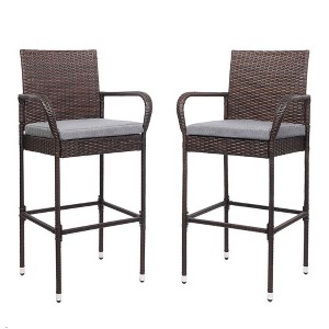 Karl Home | Brown Rattan Bar Stool With Gray Cushion (Set Of 2) - 1 of 4
