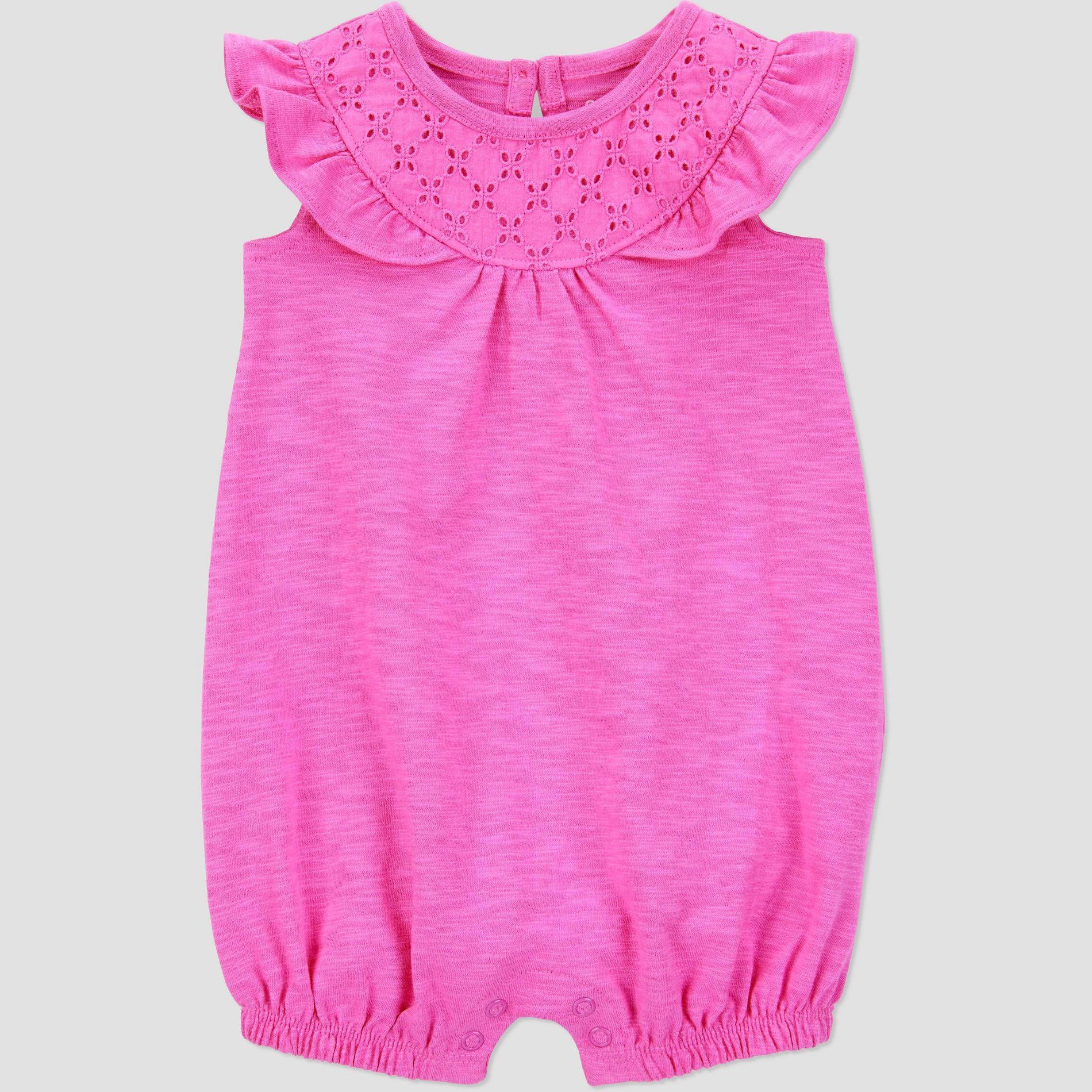 Carter's Just One You® Baby Girls' Eyelet Solid Romper - Pink 12M: Cotton, Snap Closure, Flutter Sleeve
