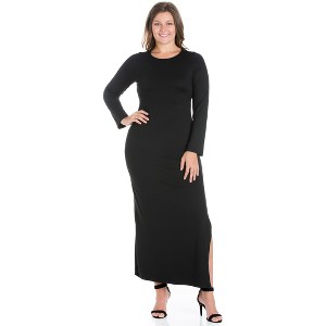 Plus Size Long Sleeve Side Slit Fitted Black Maxi Dress - 24seven Comfort Apparel™ - 1 of 4