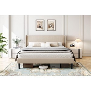 Queen Bed Frame with Headboard, Modern Upholstered Platform Bed in Linen Fabric, Mattress Foundation - 1 of 4