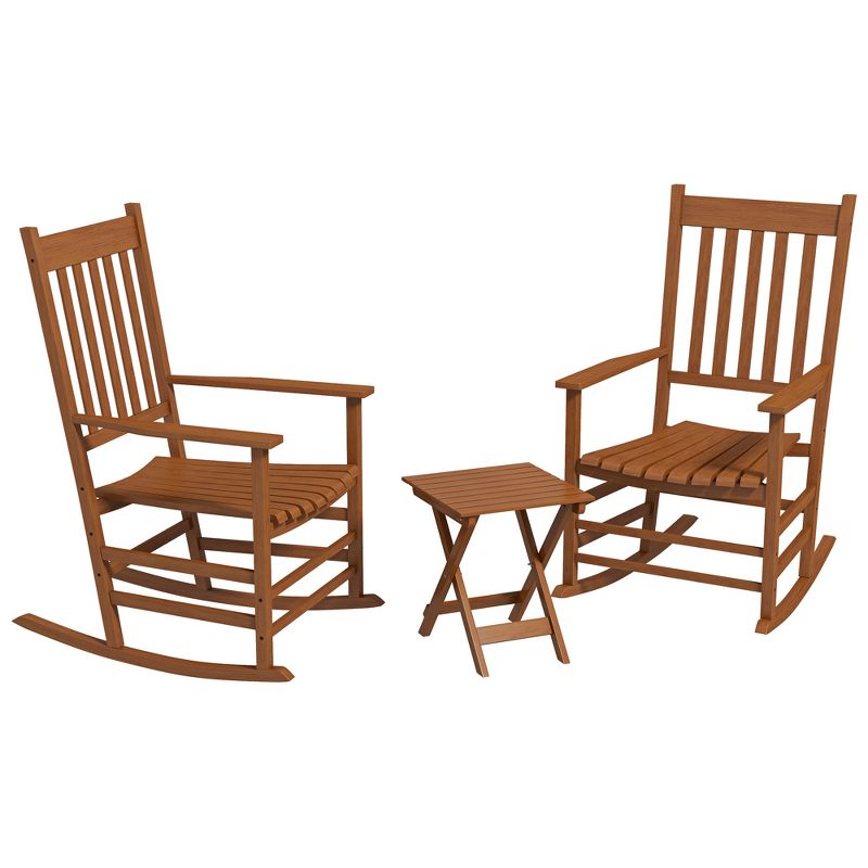 Outsunny Wooden Rocking Chair Set, Curved Armrests, High Back, Slatted Top Table Outdoor Rocker Set, Teak, 4 of 7