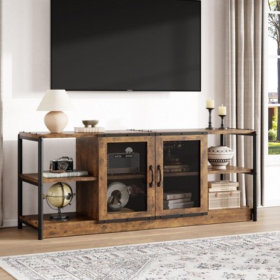 Homhougo TV Stand Farmhouse Entertainment Center for 65 Inch TV Media Console Cabinet,Mesh Barn Door and Sturdy Metal Frame Brown