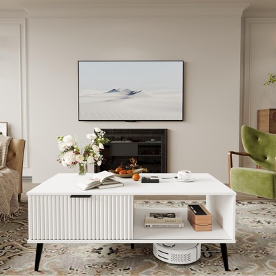 Coffee Table, 41.34" Wooden Coffee Table with Storage Cabinet, Two-Tier Design, Wave-Style Sliding Doors