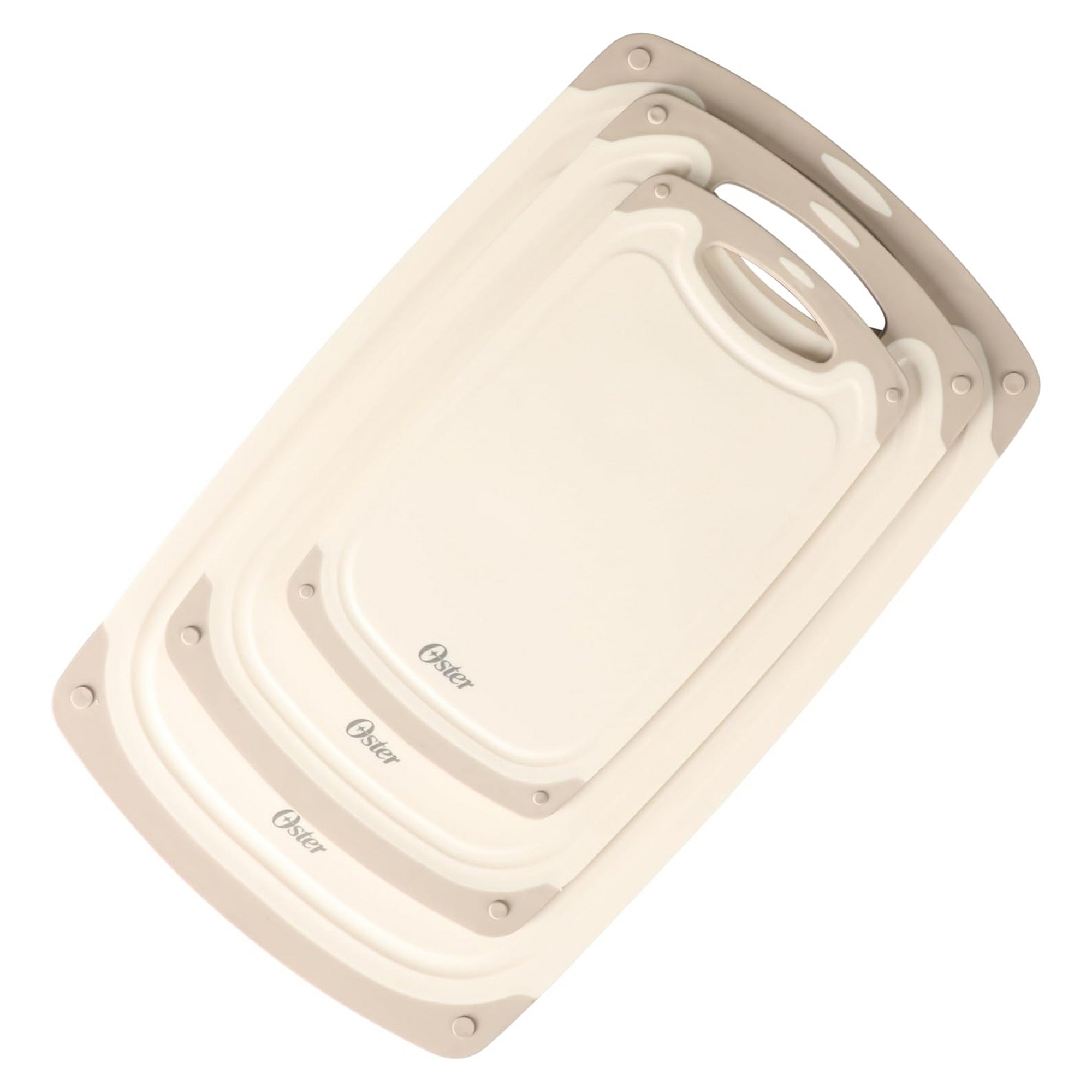 Oster 3 Piece Plastic Cutting Board Set with Juice Grooves in Taupe