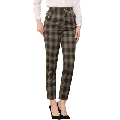 Allegra K Women's Plaid Elastic Waist Casual Work Office Long Trousers  Green Black White Large