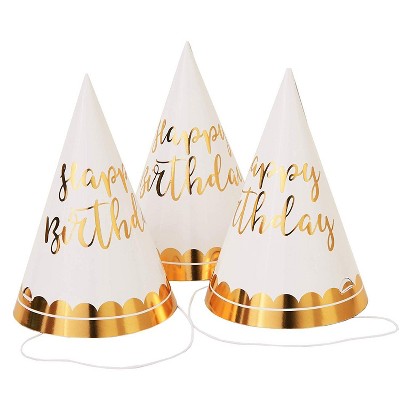 12-Pack Gold Foil Happy Birthday Party Cone Hats for Adults and Kids, 4 X 6 inches