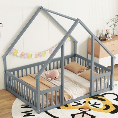 Okak Twin/Full Size House-Style Bed Frame with Fence Guardrails,Modern Floor Bed for Toddlers/Kids Bedroom