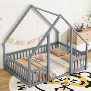 Okak Twin/Full Size House-Style Bed Frame with Fence Guardrails,Modern Floor Bed for Toddlers/Kids Bedroom - 1 of 4