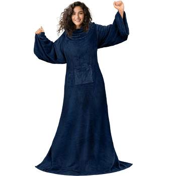 PAVILIA Wearable Blanket with Sleeves and Foot Pockets, Fleece Warm Snuggle  Pocket Sleeved Throw for Women Men Adults, Dusty Blue/Faux Shearling