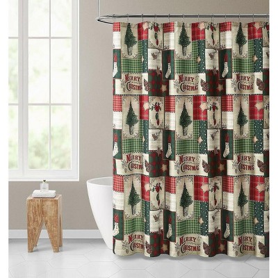 Kate Aurora Merry Christmas Evergreens & Ornamets Plaid Farmhouse Fabric Shower Curtain