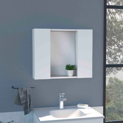 Vynxaria Double Door Medicine Cabinet in White, Featuring a Sleek Mirror and One External Shelf for Stylish Storage and Easy Access in Your Bathroom.