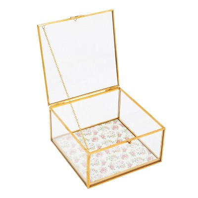 Zodaca Small Glass Jewelry Box for Keepsakes, Jewelry Organizer Storage with Gold Metal Frame, Hinge Lid, Clear Vintage Floral Design, 6 x 3 In