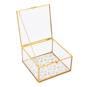 Zodaca Small Glass Jewelry Box for Keepsakes, Jewelry Organizer Storage with Gold Metal Frame, Hinge Lid, Clear Vintage Floral Design, 6 x 3 In - 1 of 4