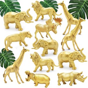 12-Piece Metallic Gold Safari Animal Figures, Plastic Jungle Wild Animal Toys for Baby Shower, Party & Christmas Decoration - 1 of 4