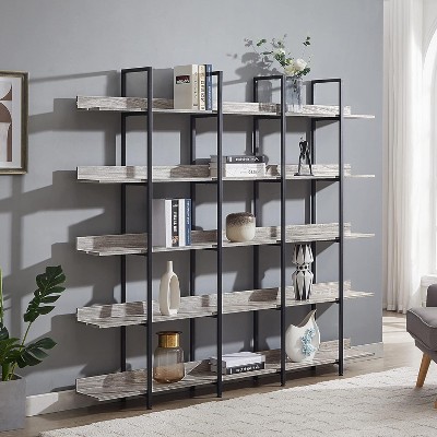 5 Tier Bookcase, Vintage Industrial Bookshelf with Metal Frame & MDF Board, Open Display Storage Rack for Farmhouse, Office, Study, Grey