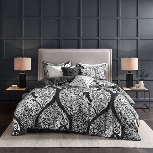 Madison Park 6pc Full queen Adela Printed Duvet Cover Bedding Set Black Cotton Sateen Oeko tex Certified Includes Decorative Pillows Target