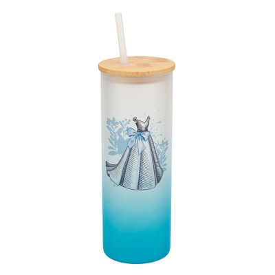 Elanze Designs 25 Ounce Frosted Glass Gradient Travel Tumbler With Straw and Wooden Lid, Wedding Day Sky Blue