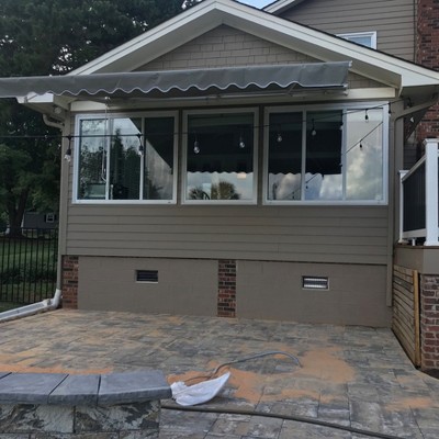 Gray Motorized Retractable Patio Awning with White Frame, 13' x 10'