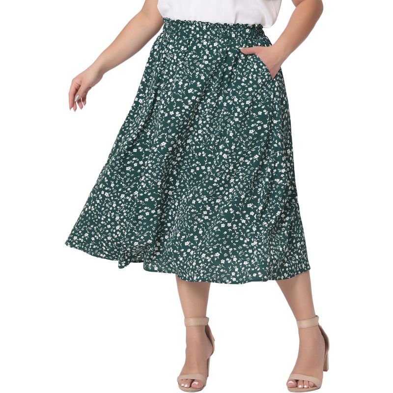 Agnes Orinda Women's Plus Size Pleated Elastic High Waist Casual Pockets Swing Floral Midi A Line Skirt, 1 of 6