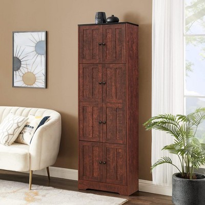 SKRAN 72.4" H Tall Storage Cabinet with 8 Doors and 4 Shelves, Wall Storage Cabinet for Living Room, Kitchen, Office, Bedroom, Bathroom, Walnut