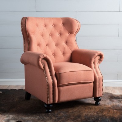 Push Back Button-Tufted Recliner Chair with Rolled Arms and Copper Accents