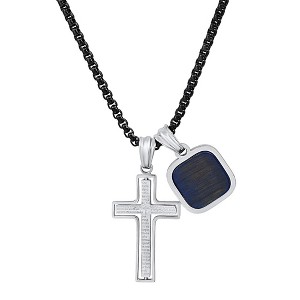 Steeltime 24" two tone black ip and stainless steel spinning Lord's prayer cross and blue tiger eye dog tag pendant - 1 of 4
