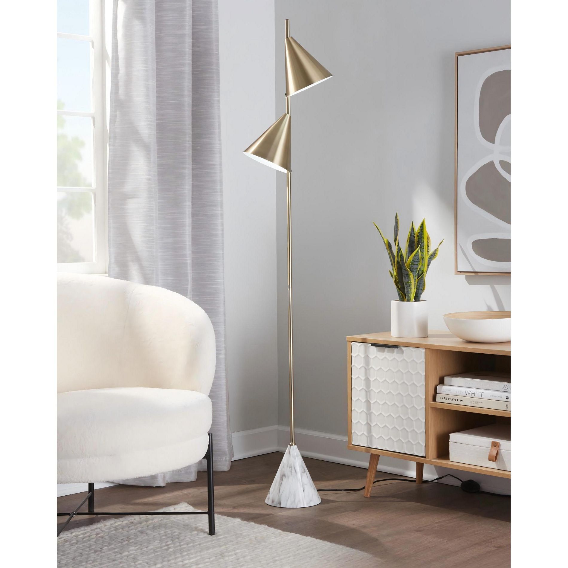 65in Brushed Gold Metal Floor Lamp with White Faux Marble Base for Living Room and Contemporary Spaces
