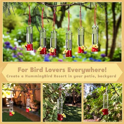 Set of 6 Transparent Mini Hummingbird Feeders with Red and Yellow Flower Design