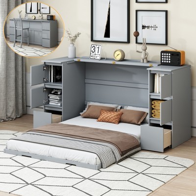 Whisen Modern Style Murphy Bed with Drawers, Cabinets, USB Ports and High Stools