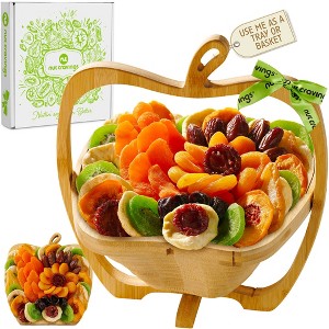 NUT CRAVINGS -  Dried Fruit Flower Arrangement Gift Basket in Wooden Apple-Shaped Gift Basket + Tray (9 Assortment) - 1 of 4