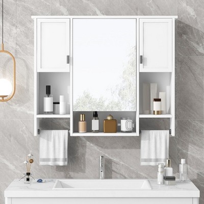 35'' x 28'' Bathroom Medicine Cabinet With Mirror Towels Bar Bathroom Wall Mounted Cabinet Wooden Hanging Cabinet Medicine Cabinets