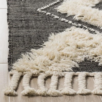 Hand-Knotted Black and Ivory Wool Geometric Runner Rug