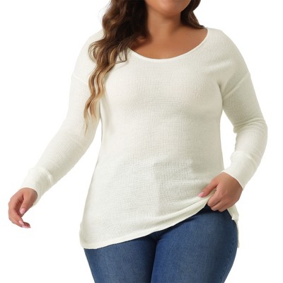 Agnes Orinda Women's Plus Size Waffle Knit Scoop Neck Long Sleeve Lightweight Casual Pullover Sweaters