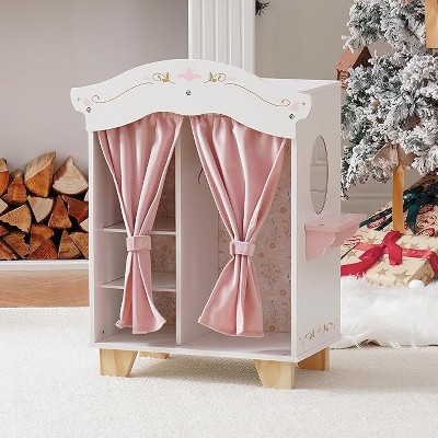 ROBOTIME Doll Furniture Wooden Doll Furniture Wardrobe, Doll Furniture Fits 16-18in, Gift for Boys Girls, Pink, 15.00"*9.40"*22.00"