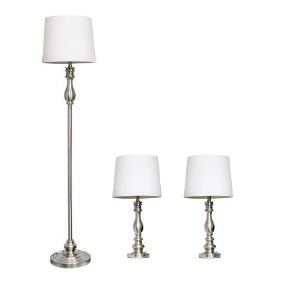 Brushed Steel and White 3-Piece Classic Lamp Set