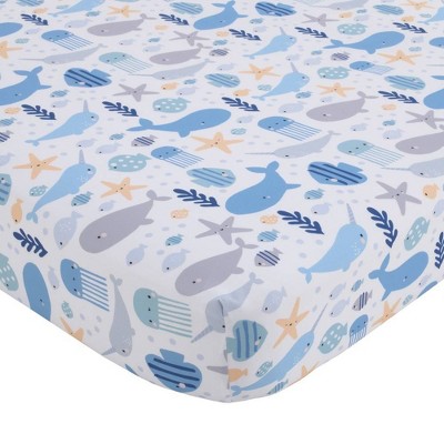 Little Love By NoJo Underwater Adventure Narwhals and Whales Fitted Crib Sheet - Navy Gray and Blue