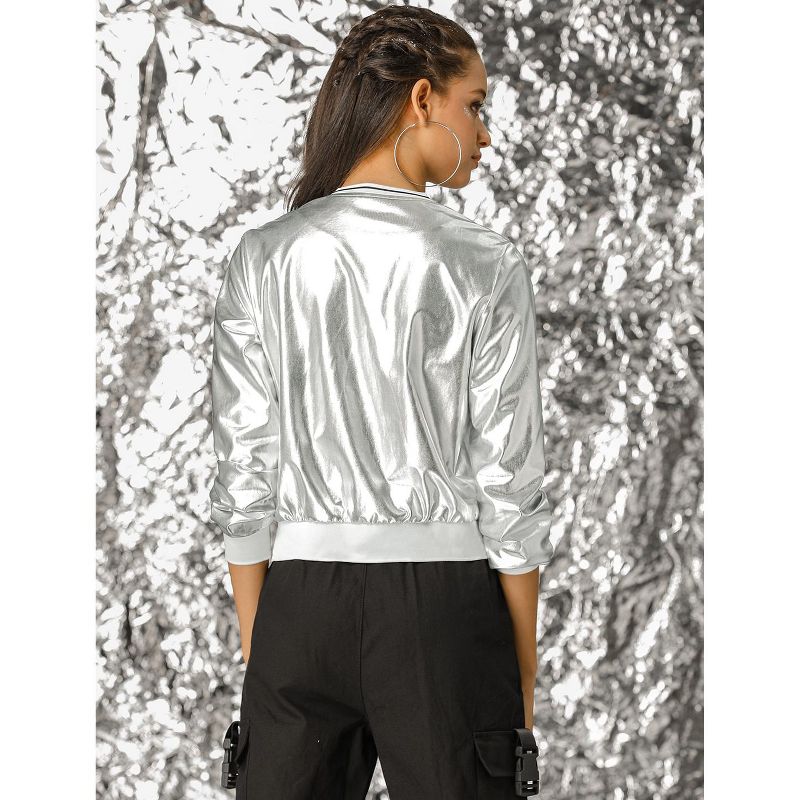 Allegra K Women's Holographic Fashion Stand Collar Metallic Lightweight Zip Bomber Jacket, 6 of 8